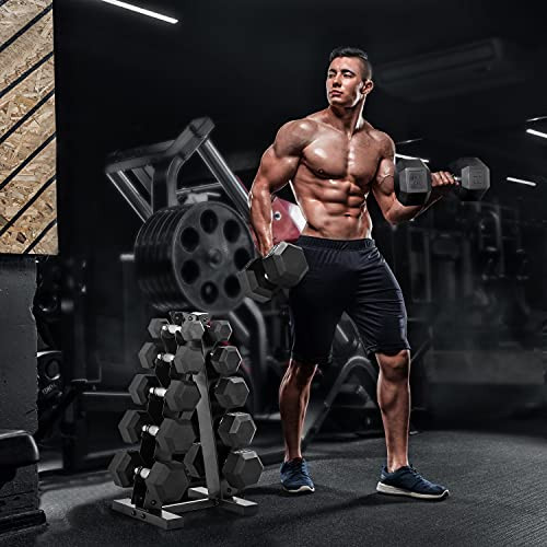 5-25LB Rubber Coated Hex Dumbbell Set with A-Frame Storage Rack, Multiple Options 5-25LB Rubber Coated Hex Dumbbell Set with A-Frame Storage Rack, Multiple Options
