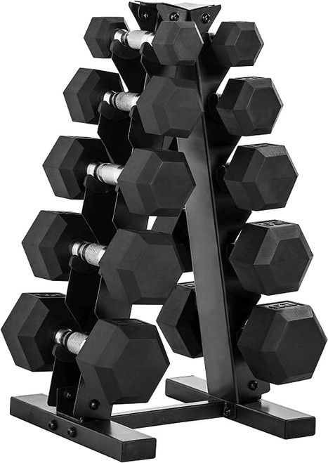 5 to 25 LB Rubber Hex Dumbbell Set with A-Frame Rack, Multiple Handle Options 5 to 25 LB Rubber Hex Dumbbell Set with A-Frame Rack, Multiple Handle Options