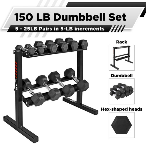 Rubber Coated Hex Dumbbell Set 5-25Lb with Two Tier 30" Storage Rack Rubber Coated Hex Dumbbell Set 5-25Lb with Two Tier 30" Storage Rack