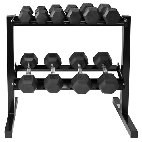 10-30 LB Rubber-Coated Hex Dumbbell Set with Chrome Handle and 2-Tier Rack