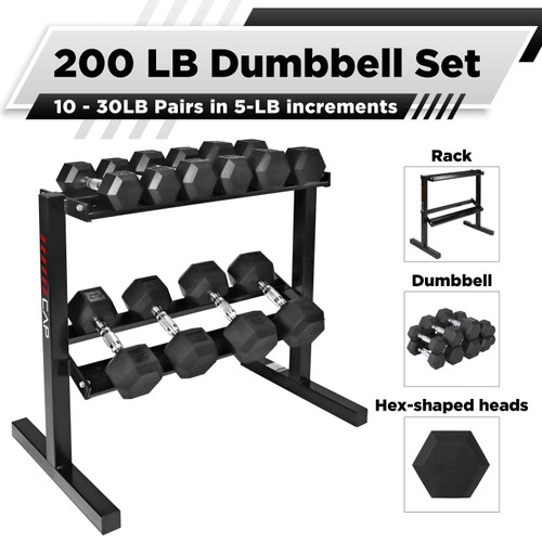 10-30 LB Rubber-Coated Hex Dumbbell Set with Chrome Handle and 2-Tier Rack