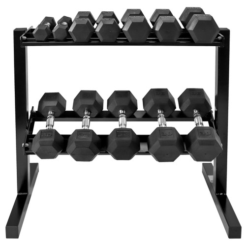 Rubber Coated Hex Dumbbell Set 5 - 30 Lb with Two Tier 30" Storage Rack Rubber Coated Hex Dumbbell Set 5 - 30 Lb with Two Tier 30" Storage Rack