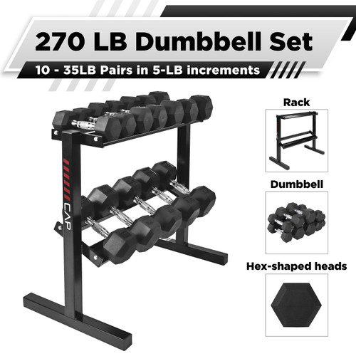 Rubber Coated Hex Dumbbell Set 10-35 LB with 2-Tier 30" Storage Rack Rubber Coated Hex Dumbbell Set 10-35 LB with 2-Tier 30" Storage Rack
