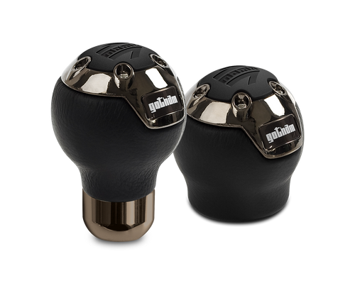 Momo Shift Knob - Gotham, Black Leather, Dark Chrome Insert