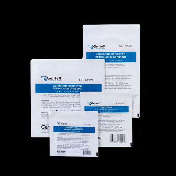Gentell Xeroform Petrolatum Dressings – 1 in x 8 in to 5 in x 9 in Sizes, Boxes of 4 or 6 or 25