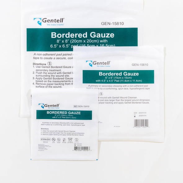 Gentell Bordered Gauze – 4 in x 4 in to 8 in x 8 in Sizes, Boxes of 50 or 100, Genuine Gentell Product