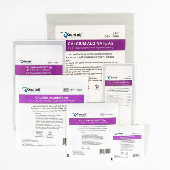 Gentell Calcium Alginate Ag (Silver) Dressings – 2 in x 2 in to 8 in x 8 in Sizes, Boxes of 10 or 50