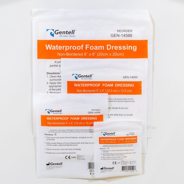 Gentell Waterproof Foam Non-Bordered Dressing – 2 in x 2 in to 8 in x 8 in Sizes, Boxes of 50