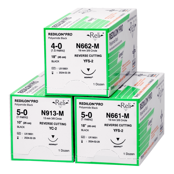 REDILON PRO Non-Absorbable Monofilament Nylon Suture with Needle – Packaged 12 to a box – 24 Configurations