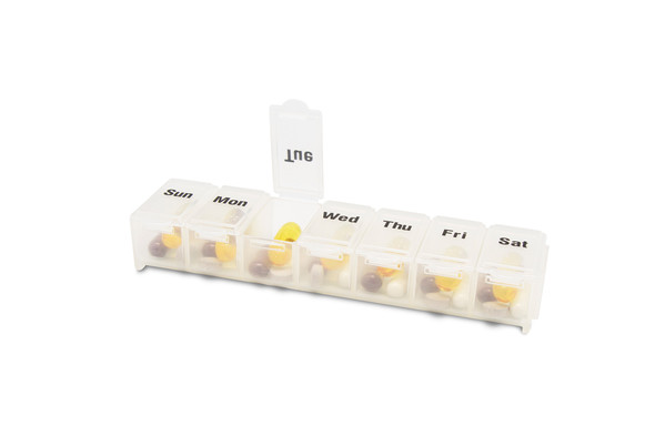 Dukal 7-Day Pill Organizer – Weekly Medication Box with Braille Lids, Portable & Latex-Free, 6.75" Size