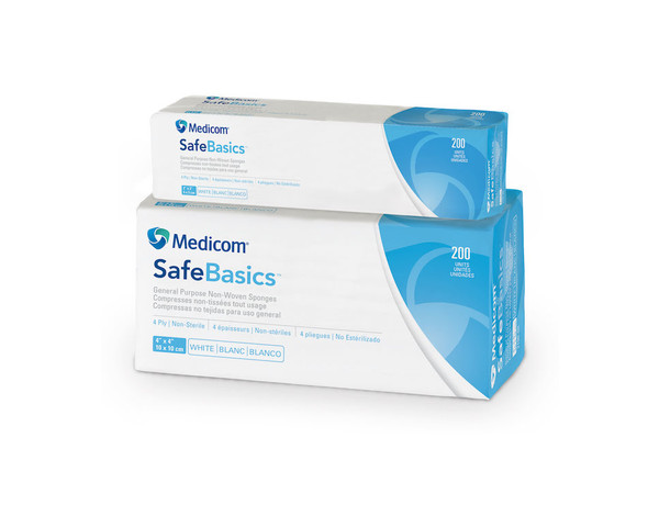 Medicom SafeBasics General Purpose Non-Woven Sponges – 3 Configurations – Sizes 4 x 4 in to 3 x 3 in