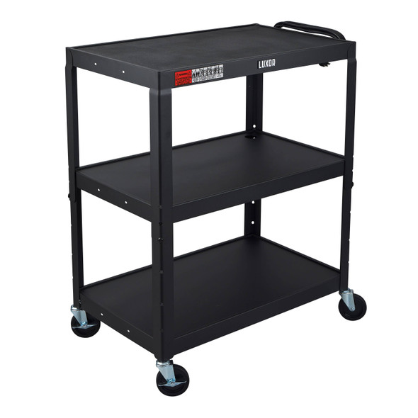 Luxor LEADER XL Adjustable-Height Three-Shelf Media Utility Cart, 32" x 20" 32x20x24 in with 3 Shelves
