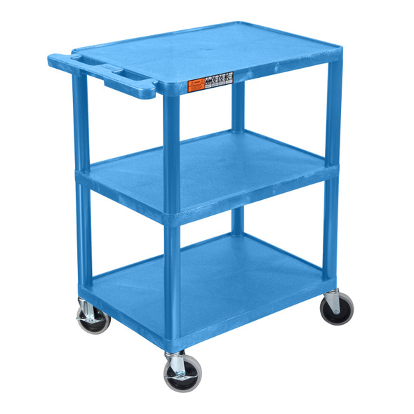 Luxor ENDURA 34" H Three-Shelf Utility Cart, 24" W x 18" D, Blue, Flat Shelves 24x18x34 in