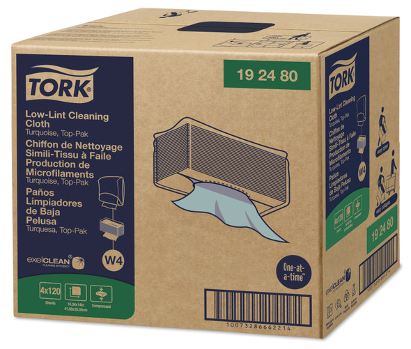 Tork Low-Lint Disposable Cleaning Cloth Turquoise W4 - 4 Boxes per Case, 120 Sheets per Box