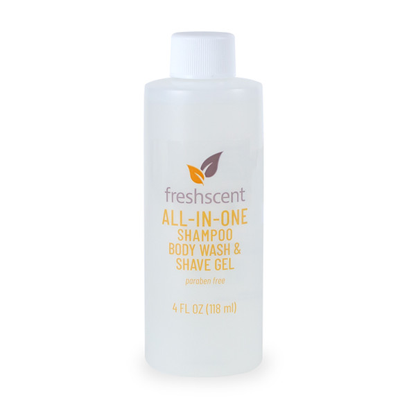 New World Imports Freshscent 4 oz. All-In-One Shampoo, Body Wash, & Shave Gel, 60 bottles/case