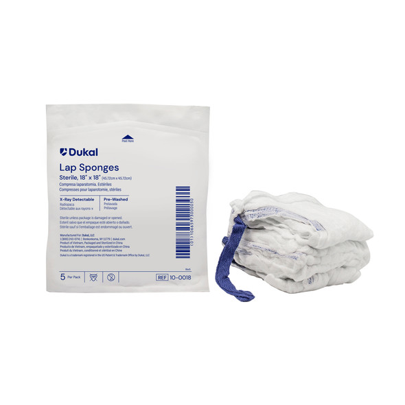 Dukal Sterile X-Ray Detectable Laparotomy Sponges, 18" x 18", 5/Pack, 20 PK/CS, Prewashed, Softpack