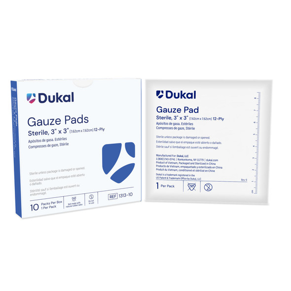 Dukal Sterile Gauze Pads, 12-Ply, 3" x 3", 1/Pack, 10 PK/BX, 60 BX/CS, 600 per Case, for Gauzes