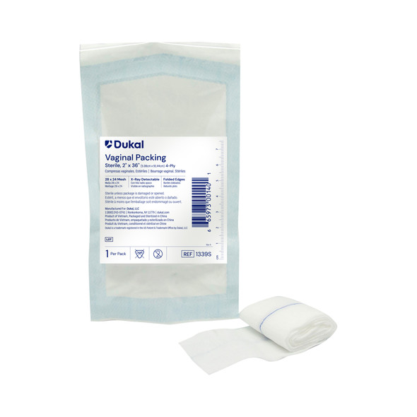 Dukal Sterile X-Ray Detectable Vaginal Packing, 4-Ply, 2" x 36", 100/Case, Sterile 1s, 28 x 24 Mesh