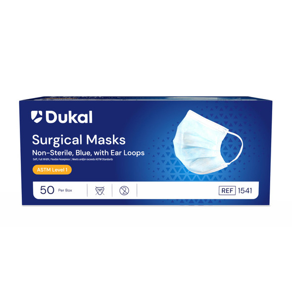 Dukal ASTM Level 1 Surgical Mask with Ear Loop, Blue, Non-Sterile, 50/Box, 6 BX/CS, Earloop