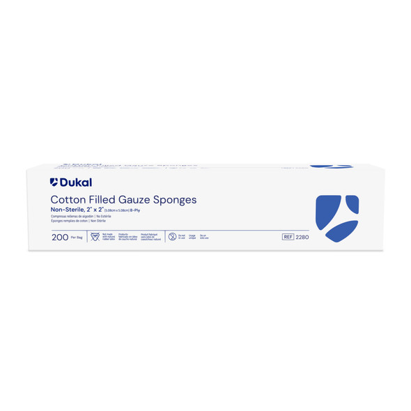 Dukal Cotton Filled Gauze Sponges, 8-Ply, 2" x 2", Non-Sterile, 200/Bag, 25 BG/CS, 5000 per Case
