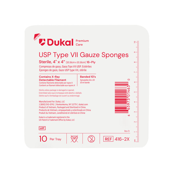 Dukal Premium Care Sterile X-Ray Detectable USP Type VII Gauze Sponges in Tray, 16-Ply, 4" x 4"