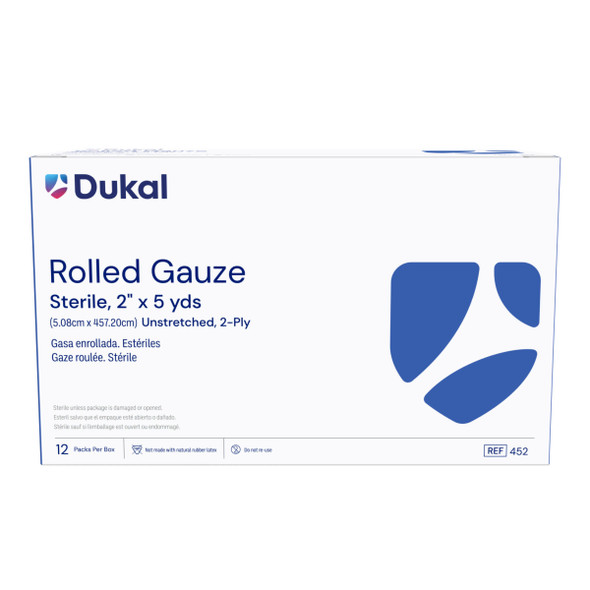 Dukal Sterile Rolled Gauze, 2-Ply, 2" x 5 yds, 1/Pack, 12 PK/BX, 8 BX/CS, 1/pouch, 12 pouch/bg