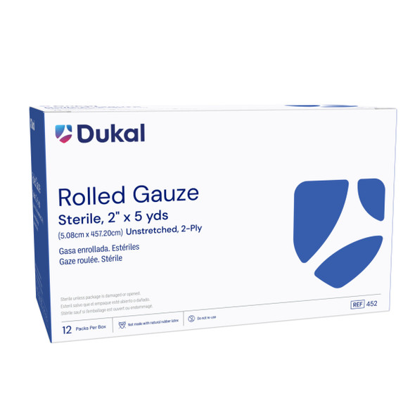 Dukal Sterile Rolled Gauze, 2-Ply, 2" x 5 yds, 1/Pack, 12 PK/BX, 8 BX/CS, 1/pouch, 12 pouch/bg