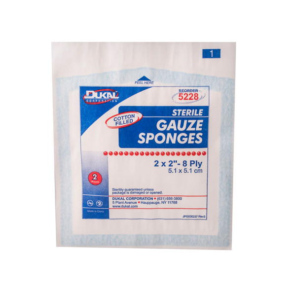Dukal Sterile Cotton Filled Gauze Sponges, 8-Ply, 2" x 2", 2/Pack, 50 PK/BX, 24 BX/CS, 24 bx/cs (50 cs/plt)