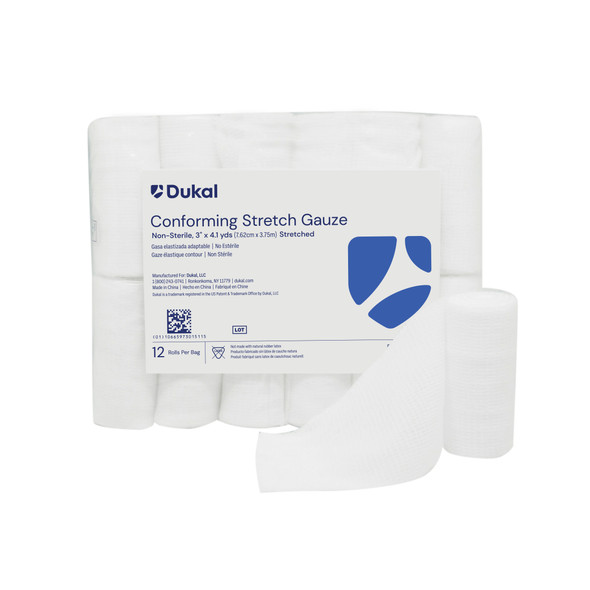 Dukal Conforming Stretch Gauze, 3" x 4.1 yds, Non-Sterile, 12/Bag, 8 BG/CS, 96 per Case, for Gauzes