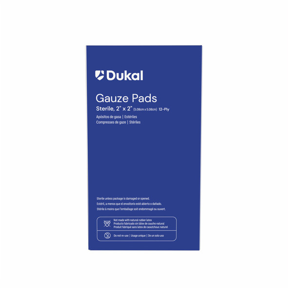 Dukal Sterile Gauze Pads, 12-Ply, 2" x 2", 1/Pack, 100 PK/BX, 12 BX/CS, 1200 per Case, for Gauzes