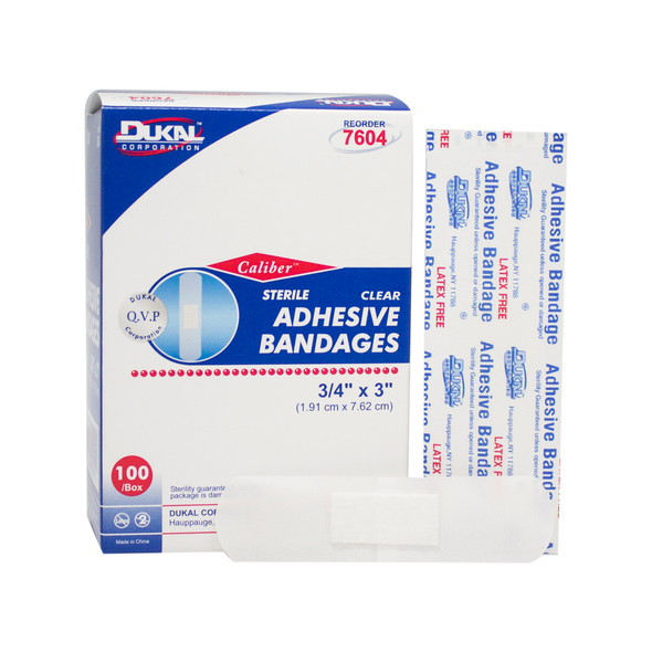 Dukal Sterile Clear Adhesive Bandages, 3/4" x 3", 100/Box, 24 BX/CS, Sheer, 2400 per Case, for Bandages