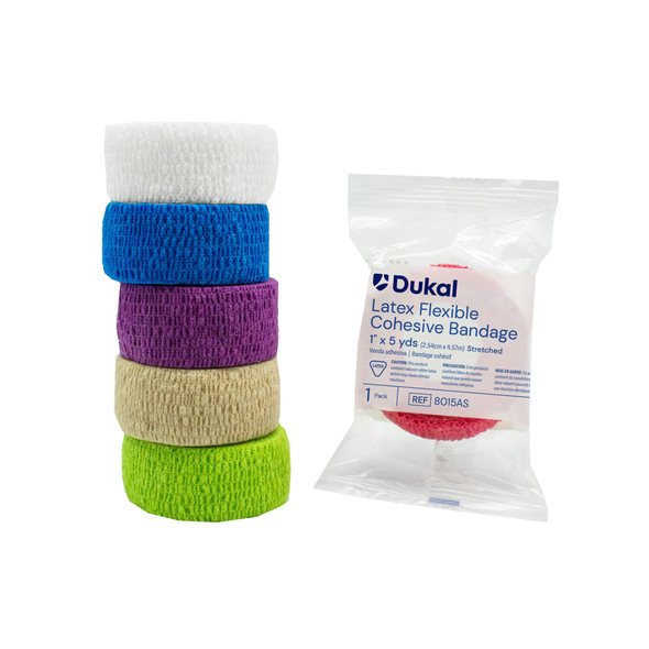Dukal Latex Cohesive Bandages, 1" x 5 yds, Assorted, Non-Sterile, 1/Pack, 30 PK/BX, Assorted Colors