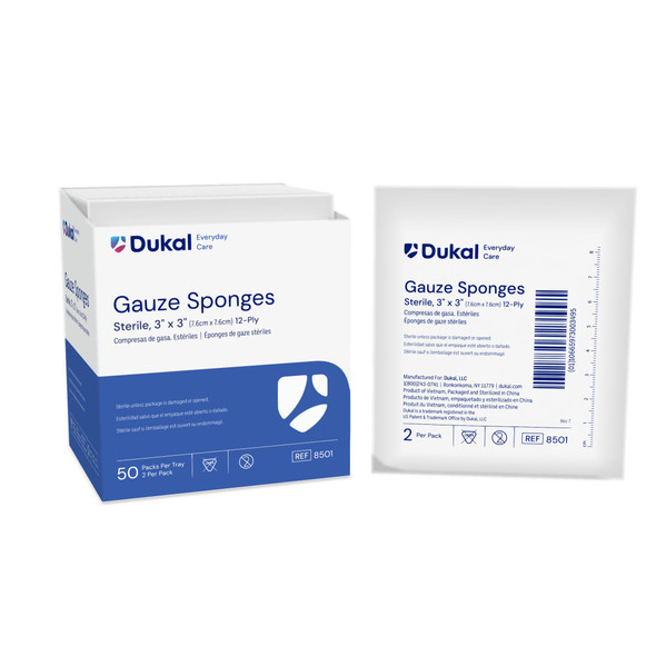 Dukal Everyday Care Gauze Sponges, 12-Ply, 3" x 3", Sterile, 2/Pack, 50 PK/BX, 24 BX/CS, 2400 per Case