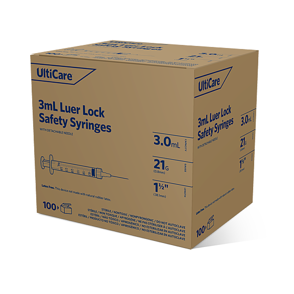 UltiCare Safety Syringes 3 mL 38.1mm (1-1/2") X 21G – Locking Safety Shield, Micro Polished Needle
