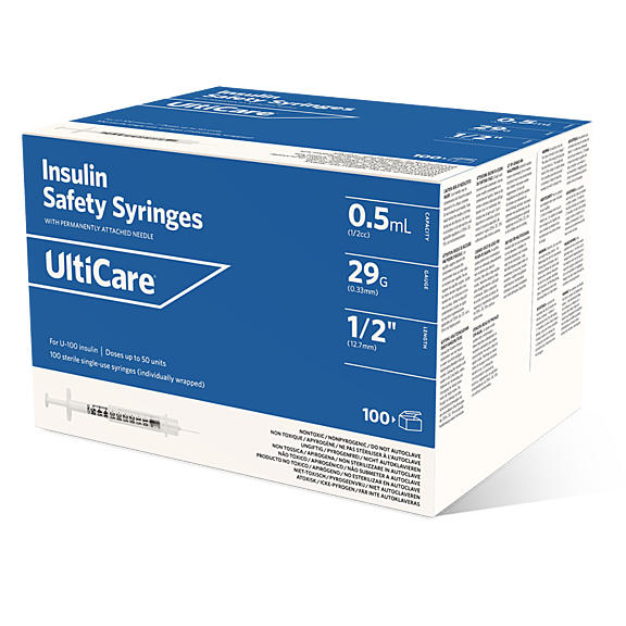UltiCare U-100 Insulin Safety Syringes – Permanently Attached Needle, 29G X 1/2 In, Micro Polished