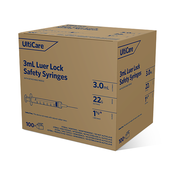 UltiCare Safety Syringes 3 mL – Luer Lock, Detachable Needle, 22G, 38.1mm, Micro Polished, Silicone