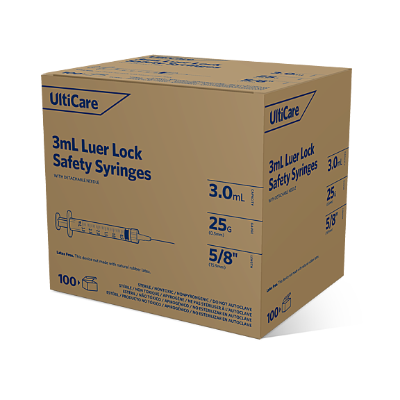 UltiCare 3 mL Safety Syringes with Luer Lock – 15.9mm (5/8 In) X 25G, Detachable Needle