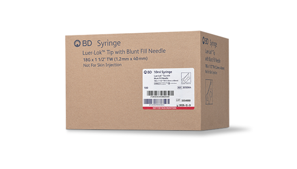 BD Luer-Lok Syringe with Attached Blunt Fill Needle – 10 mL, 18 g X 1-1/2 in, Red Hub, General Use