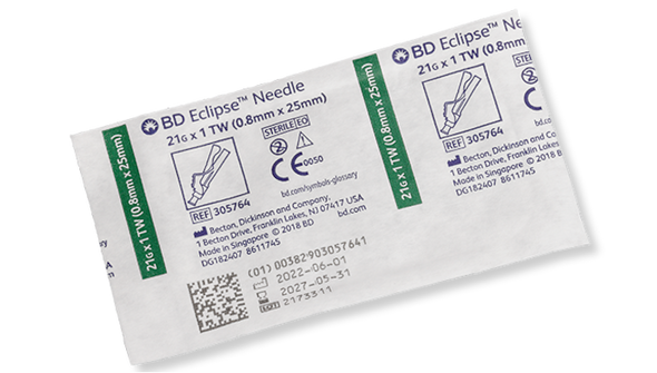 BD Eclipse Needle 21 G x 1 in – Hinged Safety Technology, Thin Wall, Green Hub, 100/box, Single-Use Disposable