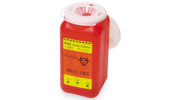 BD Multiuse One-Piece Sharps Container – 1.4 Qt Capacity, Hinge Cap with Needle Ports and Petals, Red