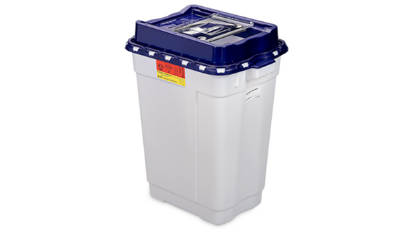 BD Pharmaceutical Sharps Container – 19 Gal Capacity, Slide Top with Gasket, White Polypropylene, Locking Lid