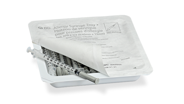 BD Allergy Syringe with Permanently Attached 27G X 1/2 in. Needle – 1 mL Capacity, Clear Hub, Regular Wall
