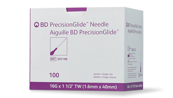BD Precisionglide Needle – 16 g, 1-1/2 in Length, Lavender Hub, Thin Wall, Regular Bevel, Sterile, Single Use