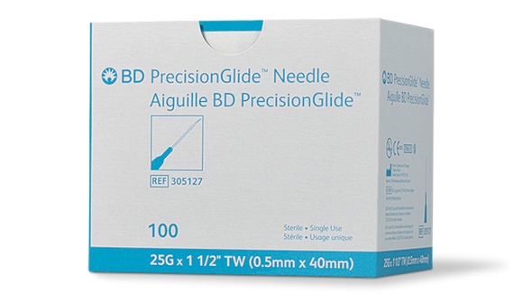 BD Precisionglide Needle – 25 g X 1-1/2 in, Thin Wall, Sterile, Disposable, Blue Hub, 100/box, 1, 000/case