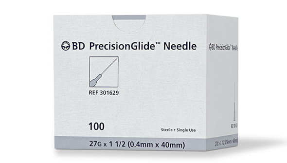 BD Precisionglide Needle – 27 g X 1-1/2 in, Sterile, Single-Use, Regular Bevel, 100/box, 1, 000/case