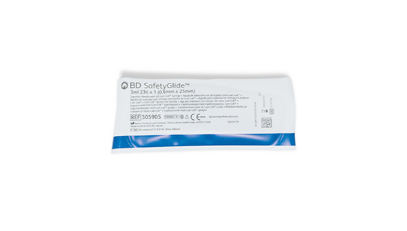BD Safetyglide Needle with 3 mL Syringe – 23 g X 1 in., Shielding Mechanism, 50/box, 400/case
