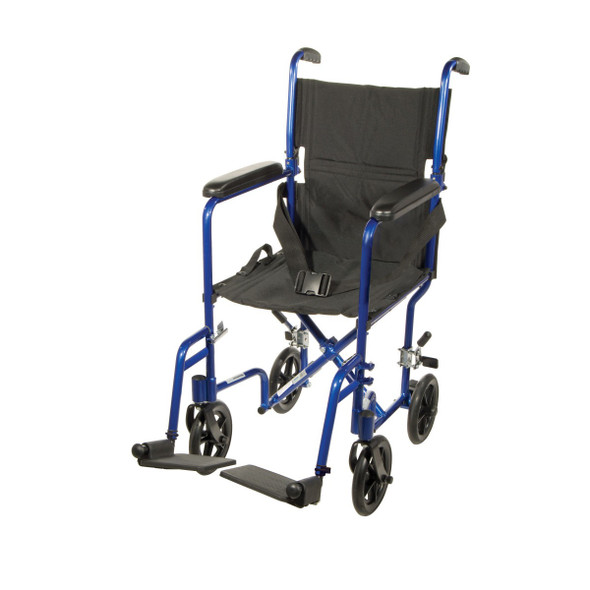Drive Aluminum Transport Chair in blue – front three-quarter view with swing-away footrests