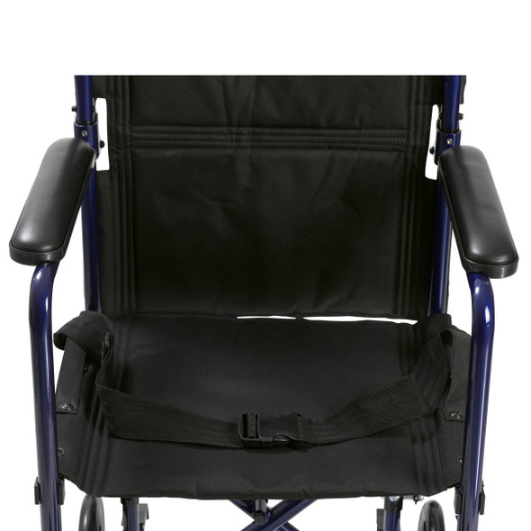 Drive Aluminum Transport Chair – front view showing seat belt fastened across the seat