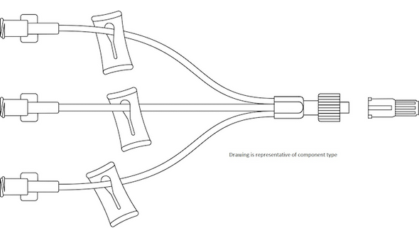 BD Q-Syte Needle-Free Connector with 15 cm Small Bore Tri-Extension Set – 3 Slide Clamps, 0.8 mL Priming