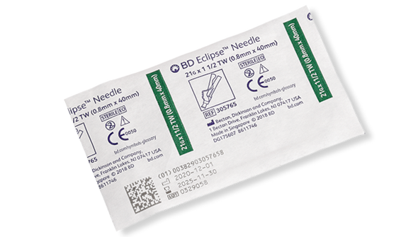 BD Eclipse Needle 21 G x 1-1/2 in – Hinged Safety Technology, Thin Wall, Green Hub, 100/box, Single-Use